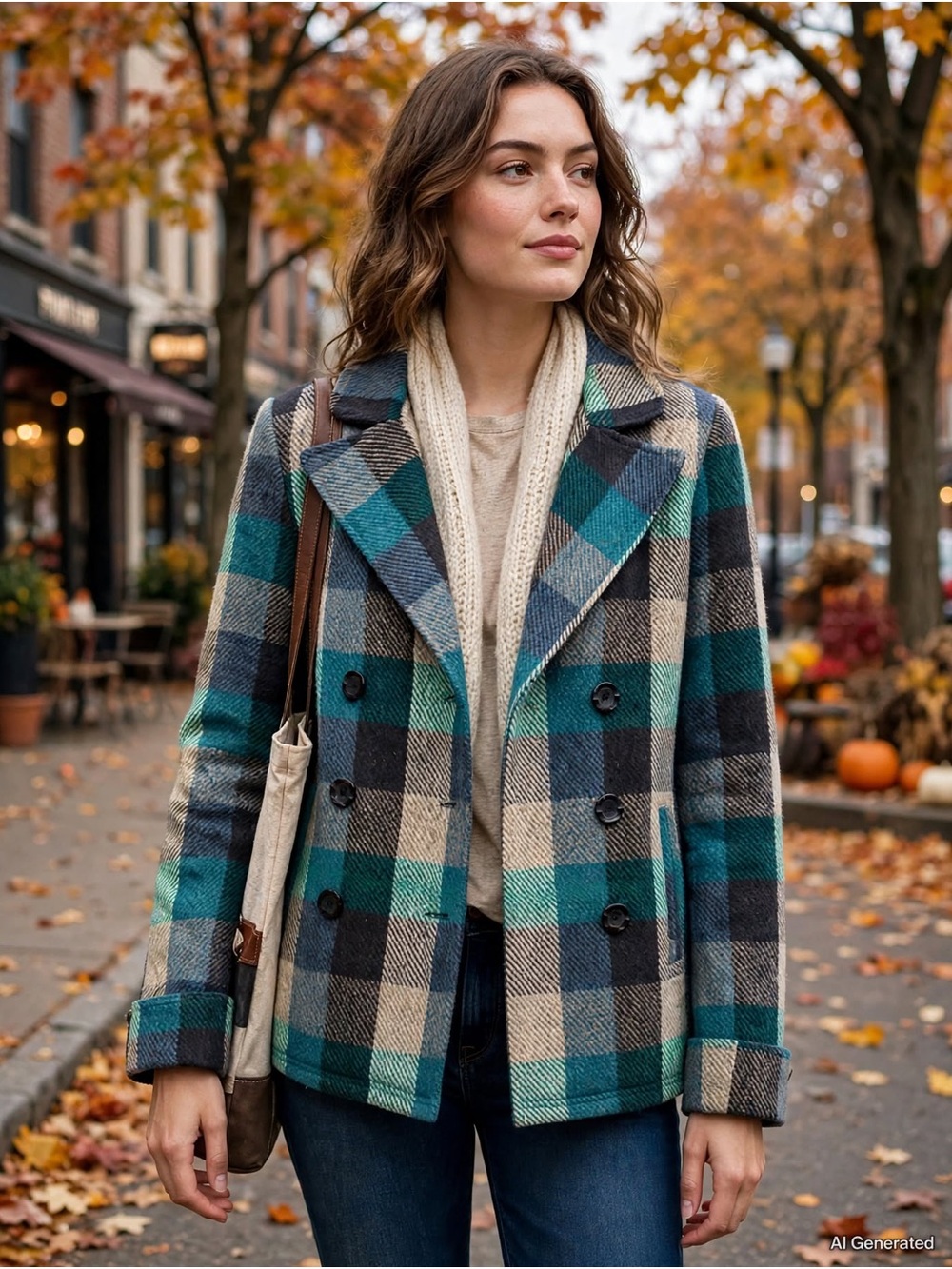 Source Unknown Plaid Double-Breasted Peacoat in Teal, Black & Cream